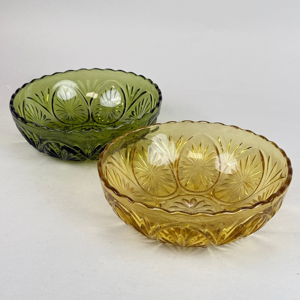 Vintage Pressed Glass Serving Bowls Amber & Green Floral Starburst Lot of 2